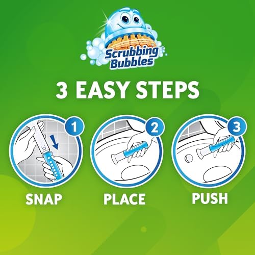 Scrubbing Bubbles Toilet Bowl Cleaning Stamps, Keeps Toilet Clean and Helps Prevent Limescale and Rings, Rainshower Scent, 1 Dispenser with 24 Stamps