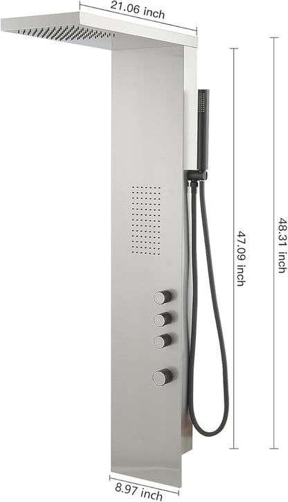 BWE Stainless Steel Shower Panel Tower System - 3 IN 1 Brushed Nickel Shower Panel - Rainfall Shower Head and Handheld with Massage Body Jets - Wall Mount
