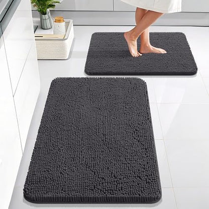 OLANLY Chenille Bathroom Rugs Mats Sets 2 Piece, 30"x20"+24"x16", Dark Grey