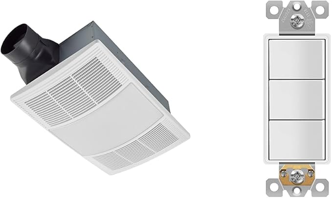 Broan-NuTone BHFLED110 PowerHeat Bathroom Exhaust Fan, 110 CFM & ENERLITES Triple Paddle Rocker Combination Decorator Switch, White