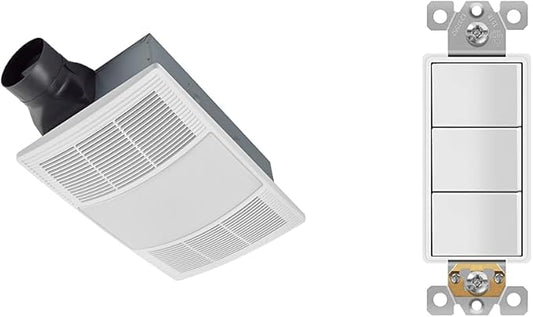 Broan-NuTone BHFLED110 PowerHeat Bathroom Exhaust Fan, 110 CFM & ENERLITES Triple Paddle Rocker Combination Decorator Switch, White