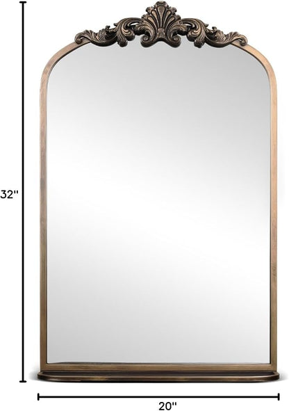 deerlove Traditional Arched Mirror with Shelf, 20.9x31.5 Inch, Antique Gold | Ornate Arched Design, Bronze Frame, Baroque Wall Mirror Shelf, For Bathroom, Bedroom, Entryway, Dining Room, Living Room