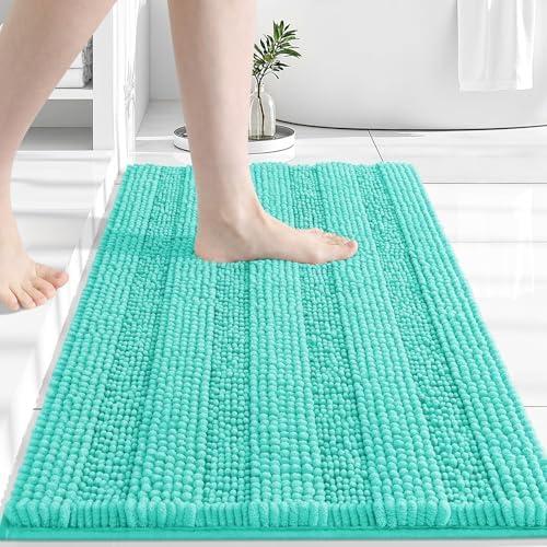 Grandaily Chenille Striped Bathroom Rugs 30x20, Extra Thick and Absorbent Bath Mats, Non-Slip Soft Plush Shaggy Shower Carpet, Machine Wash Dry, Bath Rug for Bathroom, (Medium, Teal)