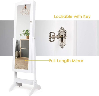 NAFORT Jewelry Armoire, Mirror with Jewelry Storage, Jewelry Organizer, Standing Lockable Jewelry Cabinet with Full Length Mirror, Jewelry Organizer with 2 Drawers, White