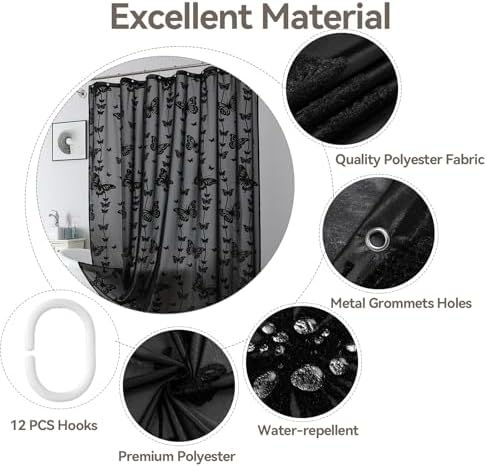 Onalasyc Black Butterfly Shower Curtain,Lace Sheer Shower Curtain,72x72in