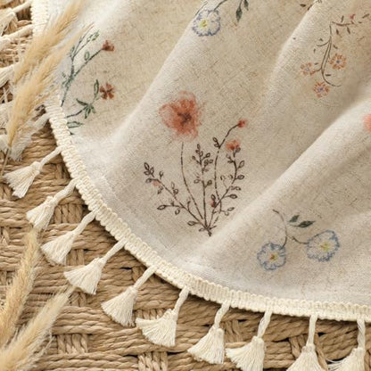 Floral Farmhouse Vintage Linen Shower Curtain with Tassel 54Wx72H