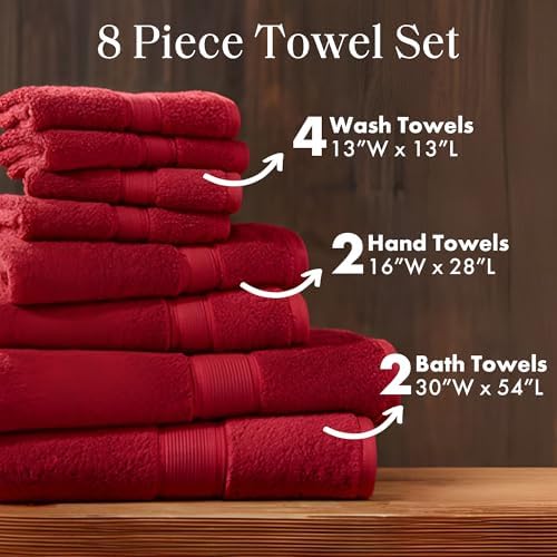 Madison Park 800GSM 100% Cotton Bathroom Bath Towel Set of 8, Bright Red