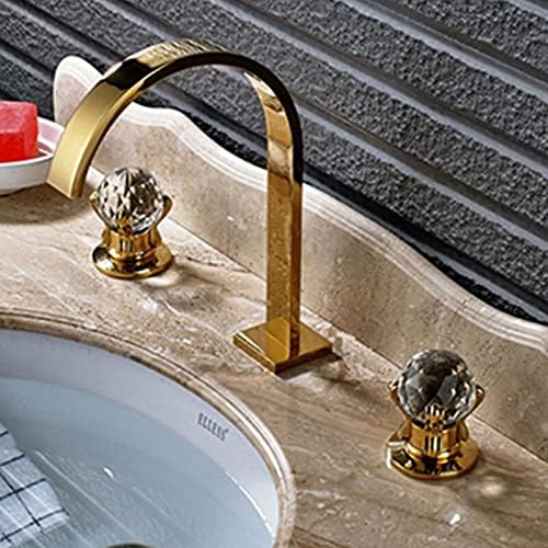 Golden Widespread Brass Bathroom Basin Faucet Dual Crystal Handles Vanity Sink Mixer Tap Hot Cold Bathtub Faucets Deck Mount，Gold