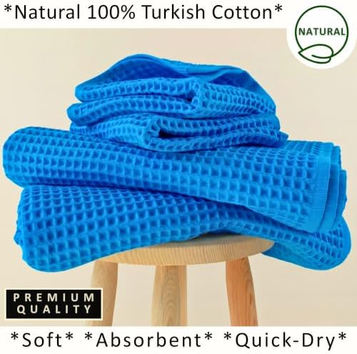 PÜSKÜL Natural 100% Turkish Cotton Waffle Towels Set of 4-Piece, Aqua Blue