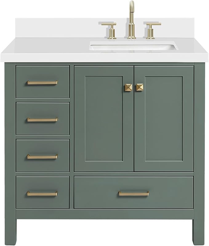 ARIEL Cambridge 36-inch Bathroom Vanity with Sink,Solid Wood, 1.5-inch Pure White Quartz Countertop, Single Rectangular Porcelain Sink, 2 Soft Closing Doors, 5 Dovetail Drawers, Vintage Green