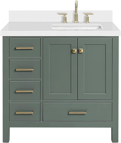 ARIEL Cambridge 36-inch Bathroom Vanity with Sink,Solid Wood, 1.5-inch Pure White Quartz Countertop, Single Rectangular Porcelain Sink, 2 Soft Closing Doors, 5 Dovetail Drawers, Vintage Green