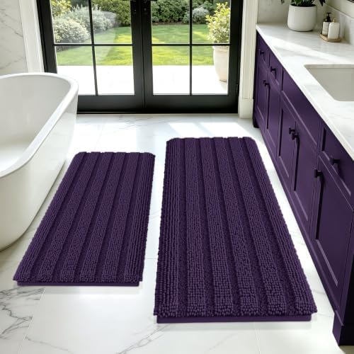 ACCUMTEK Striped Eggplant Purple Bathroom Rug Mat Set 2 piece 24"x17"+48"x20" Ultra Soft, Non Slip Chenille Bath Rugs, Absorbent Plush Shaggy Bath Mats for Bathroom, Bedroom, Kitchen, Shower, Tub