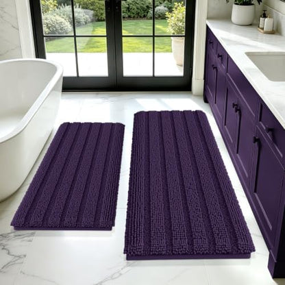 ACCUMTEK Striped Eggplant Purple Bathroom Rug Mat Set 2 piece 24"x17"+48"x20" Ultra Soft, Non Slip Chenille Bath Rugs, Absorbent Plush Shaggy Bath Mats for Bathroom, Bedroom, Kitchen, Shower, Tub