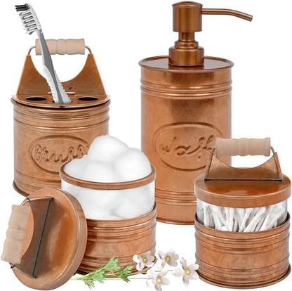 Autumn Alley Western Bathroom Accessories Set 4 - Copper Farmhouse Soap Dispenser, Toothbrush Holder, 2 Apothecary Jars Qtip Holder - Rustic Bathroom Decor – Rustic Bathroom Accessories