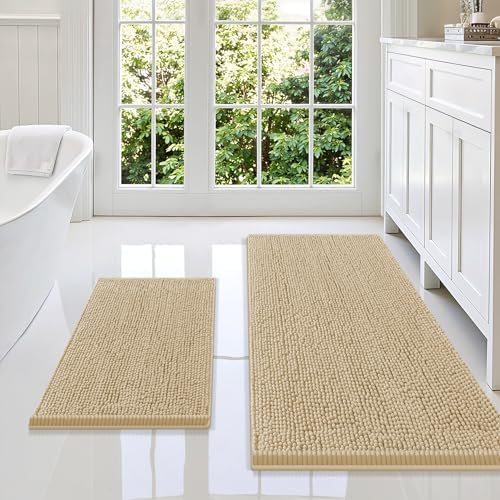 Smiry Chenille Bathroom Rugs Sets 2 Piece (47x20+24x16, Beige)
