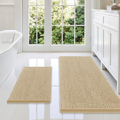 Smiry Chenille Bathroom Rugs Sets 2 Piece (47x20+24x16, Beige)