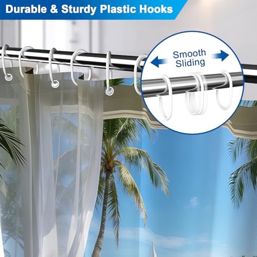 Summer Seaside Shower Curtain Set with Hooks, Tropical Ocean Scenery Weighted-Bottom Fabric Shower Curtains for Bathroom, Waterproof Machine Washable Coastal Shower Curtain, 72x72 Inch