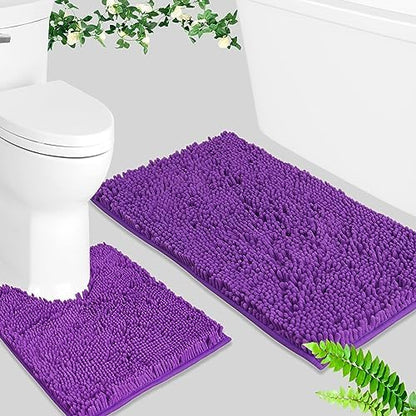 BOANKODU Bathroom Rugs Sets 2 Piece, Absorbent Bath Mat for Bathroom Very Soft Chenille Non-Slip, 32x20 Inch + 20x20 Inch U Shape Bathroom Mat, Machine Washable Bath Rugs (Violet)