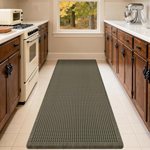 IM HOME Waffle Runner Rug Olive Green 6'x2', Boho Woven Modern Bath Mat Rugs, Absorbent Non Slip Bathroom Rugs, Soft Washable Bath Rugs with Tassels for Bathroom, Bedroom, Kitchen, Shower, Tub