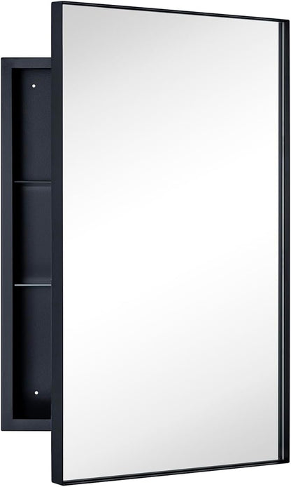 TEHOME Recessed Mount 16x26'' Squared Rectangle Matt Black Bathroom Medicine Cabinet with Mirror Black Metal Framed Rectanglular Medicine Cabinet 2 Adjustable Glass Shelves