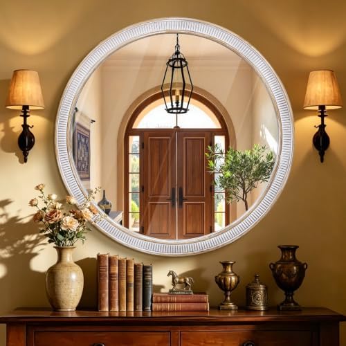 30 Inch Round Mirror, Rustic Farmhouse Circle Mirrors for Wall Decor
