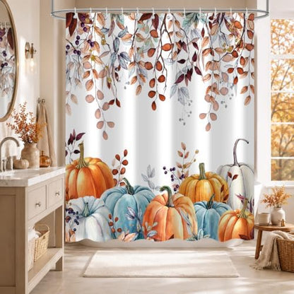 Fall Shower Curtains for Bathroom, Thanksgiving Pumpkins Autumn Leaves Shower Curtain Set with Hooks, Blue Orange Waterproof Fabric Fall Bathroom Decor Accessories, 72 x 72 Inch