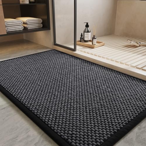 PADOOR-Bath Mat-Super Absorbent Chenille Bathroom Mats-Rubber Backed Bath Mats for Bathroom Non Slip, Easy Clean Bathroom Rugs Front of Bathtub,Shower Room,Sink-20×32, Darkgrey&Black