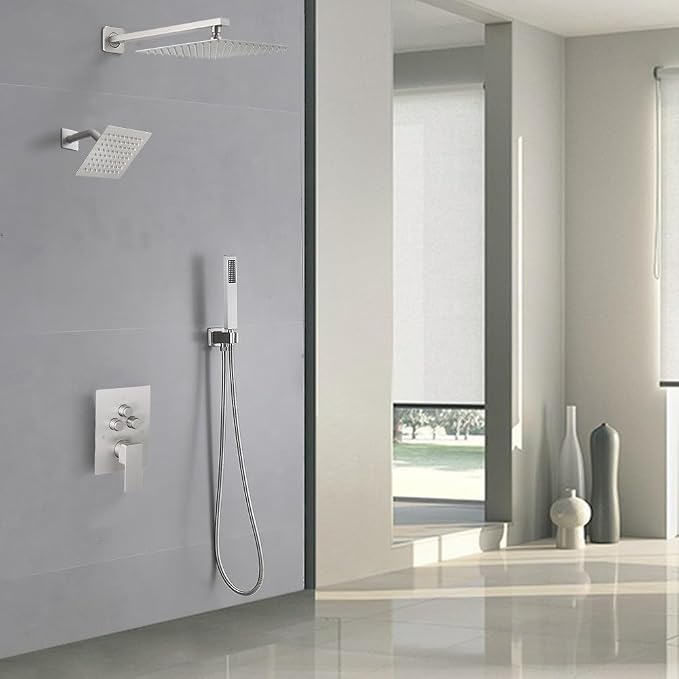 Shower Faucet Set Brushed Nickel 10 Inch Wall Mount Rainfall Shower System with 2 Rain Shower Head and Handheld Head Push Button Diverter Shower Trim Kit and Rough-in Valve Body