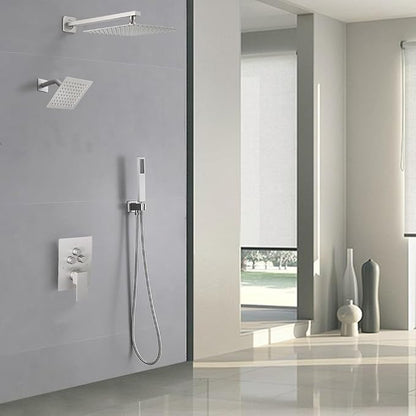 Shower Faucet Set Brushed Nickel 10 Inch Wall Mount Rainfall Shower System with 2 Rain Shower Head and Handheld Head Push Button Diverter Shower Trim Kit and Rough-in Valve Body