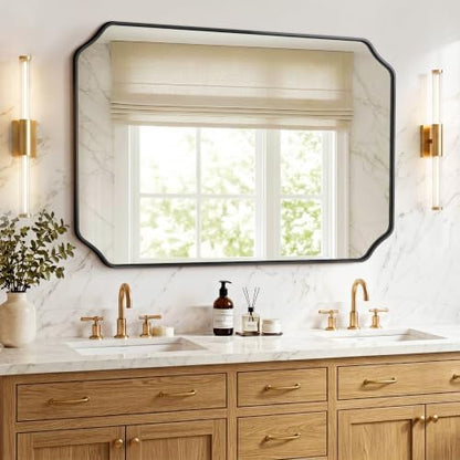Vanity Bathroom Mirror, 40" x 30" Black Scalloped Mirror for Wall