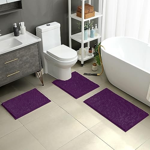 HOMEIDEAS Purple Chenille Bathroom Rugs Set of 3, Non Slip Bath Mat