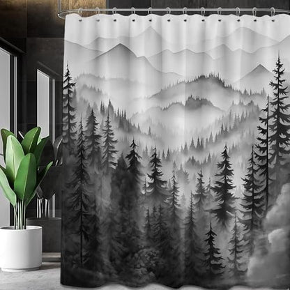 Black and White Forest Extra Long Shower Curtain, Tall 72X96 in, Mens