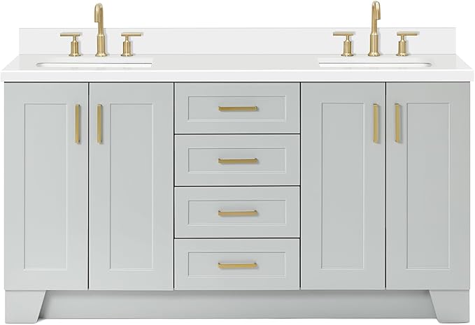 ARIEL Taylor 66-inch Bathroom Vanity with Sink,Solid Wood, 1.5-inch Pure White Quartz Countertop & Backsplash, Double Oval Porcelain Sink, 4 Soft Closing Doors, 5 Dovetail Drawers, Satin Brass, Grey