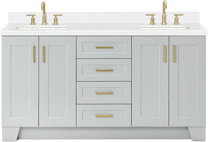 ARIEL Taylor 66-inch Bathroom Vanity with Sink,Solid Wood, 1.5-inch Pure White Quartz Countertop & Backsplash, Double Oval Porcelain Sink, 4 Soft Closing Doors, 5 Dovetail Drawers, Satin Brass, Grey
