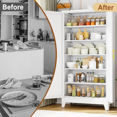 79" White Tall Metal Storage Cabinet with 2 Doors and 5 Adjustable Shelves,Steel Garage Tool Cabinet, File Cabinet,Kitchen Pantry Cabinet for Home,Office,Garage,School,Warehouse