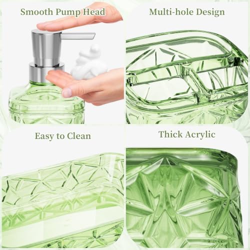 Green Bathroom Accessories Set 7 Pcs, Green Bathroom Sets, Acrylic Soap Dispenser and Toothbrush Holder Set, Qtip Holder Set, Bathroom Sink Set, Gift for Home Apartment