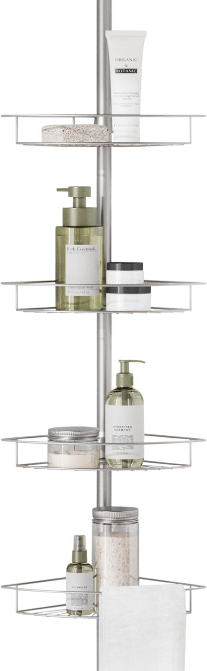 Zenna Home Tension Pole Shower Caddy Corner Organizer, Adjustable Standing Shower Caddy with 4 Baskets and Towel Bar, Rust Resistant Bathroom Tension Rod Organizer, 60 to 97 Inch, Satin Nickel
