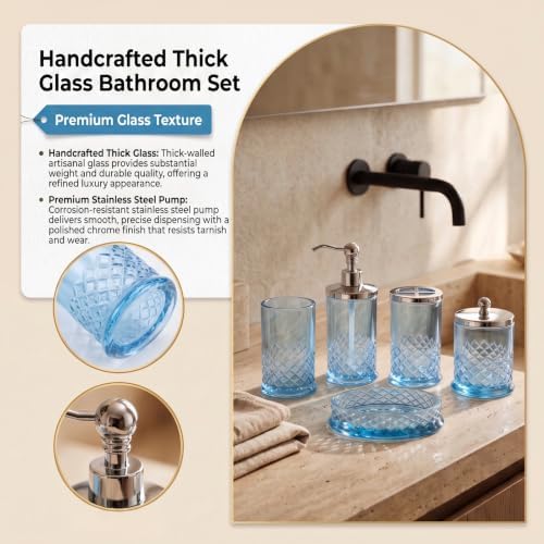 JKE Bathroom Accessories Set, 5-Piece Set with Vintage-Style Thick Glass Soap Dispenser, Toothbrush Holder, Soap Dish, and Cotton Swab Jar, Suitable for Bathroom Countertops, Blue