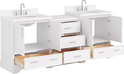 ARIEL Stafford 84-inch Bathroom Vanity with Sink,Solid Wood, 1.5in Carrara White Quartz Countertop & Backsplash, Double Oval Porcelain Sink, 4 Soft Closing Doors, 5 Dovetail Drawers, White