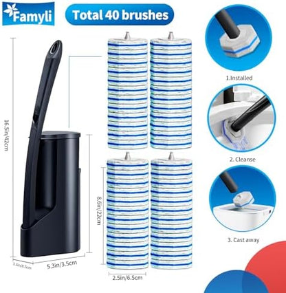 Disposable Toilet Brush - Toilet Bowl Cleaner, Toilet Cleaning Supplies, Toilet Brush with Holder, Toilet Bowl Cleaner Wands，40 Refills for Toilet Cleaning and Hygienic Bathroom Maintenance
