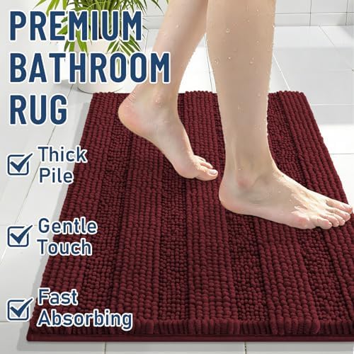 Grandaily Chenille Striped Bathroom Rugs 24x16, Extra Thick and Soft Absorbent Bath Mats, Rubber Backing, Plush Shaggy Shower Carpet, Machine Wash Dry, Bath Rug for Bathroom, Reddish Brown