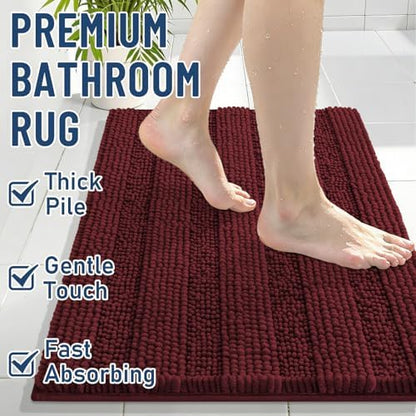 Grandaily Chenille Striped Bathroom Rugs 36x24, Extra Thick and Soft Absorbent Bath Mats, Rubber Backing, Plush Shaggy Shower Carpet, Machine Wash Dry, Bath Rug for Bathroom, Reddish Brown