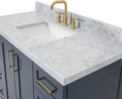 Emilia 48-Inch Bathroom Vanity with Sink — Midnight Blue Single Sink Bathroom Vanity, 1.5" Edge Italian Carrara Marble Top, Solid Wood, 2 Soft Closing Doors, 9 Dovetail Drawers