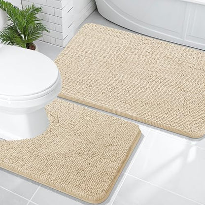 OLANLY Chenille Bathroom Rugs Mats Sets 2 Piece, 36"x24"+24"x20", Beige
