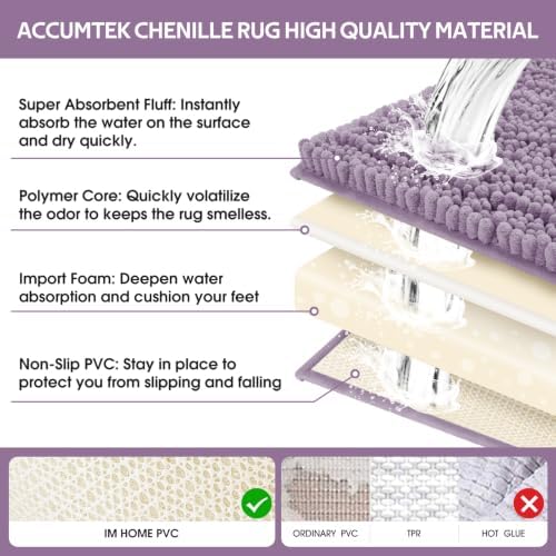 ACCUMTEK Upgrade Luxury 2 Piece Lavender Toilet Bathroom Rug Mat 32"x20"+24"x17", Ultra Soft Thick Absorbent Bath Mats, Non Slip Chenille Toilet Mat for Bathroom, Bedroom, Kitchen, Shower, Tub