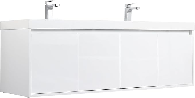 Blossom 60 Inch Wall Mounted Bathroom Vanity with Sink | Floating Wood Vanity Cabinet | Modern Soft-Close Doors & Storage | Space-Saving Design (Glossy White, 60'' Acrylic Double Sink)