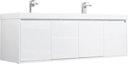 Blossom 60 Inch Wall Mounted Bathroom Vanity with Sink | Floating Wood Vanity Cabinet | Modern Soft-Close Doors & Storage | Space-Saving Design (Glossy White, 60'' Acrylic Double Sink)