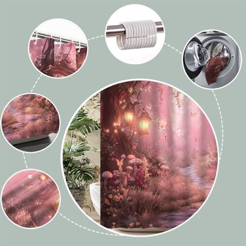 Fantasy Forest Path Shower Curtain Pink Fairy Magical Enchanted Misty Jungle Mushroom Floral Tree Butterfly Lantern Wonderland Bath Curtain Fabric Bathroom Accessories Decor with Hooks 47W x70L