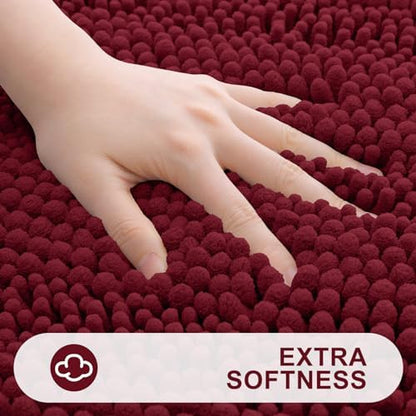 Grandaily Chenille Striped Bathroom Rugs 40x32, Extra Thick and Absorbent Bath Mats, Non-Slip Soft Plush Shaggy Shower Carpet, Machine Wash Dry, Bath Rug for Bathroom, Burgundy