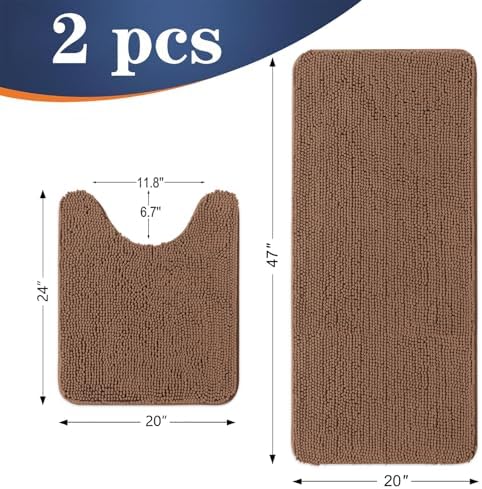 OLANLY Chenille Bathroom Rugs Mats Sets 2 Piece, 47"x20"+24"x20", Mocha